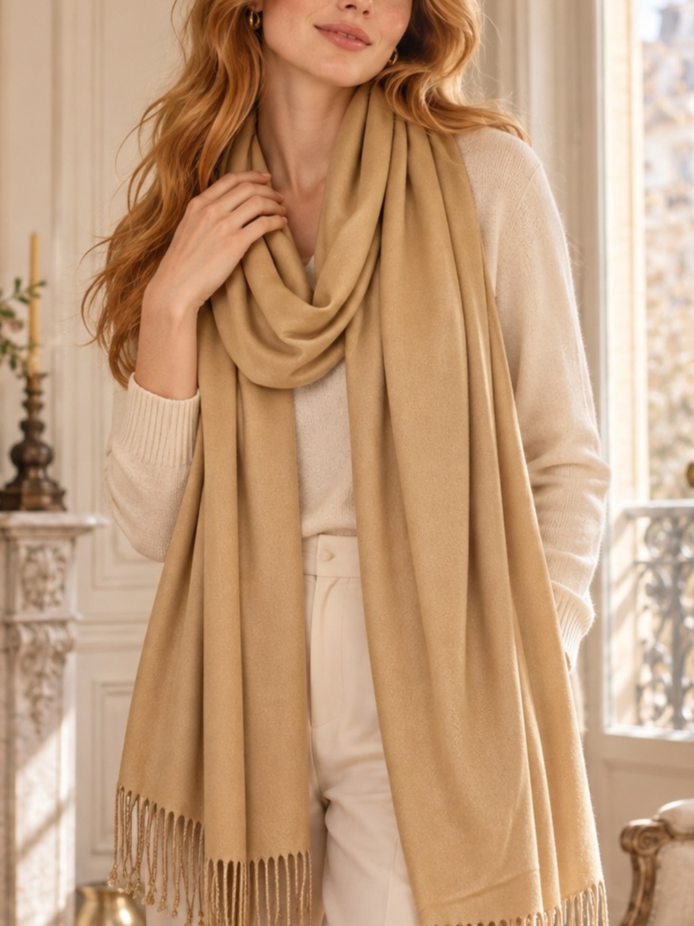 Gold Pashmina Shawl Wrap Scarf Fringe Elegant Evening Bridal